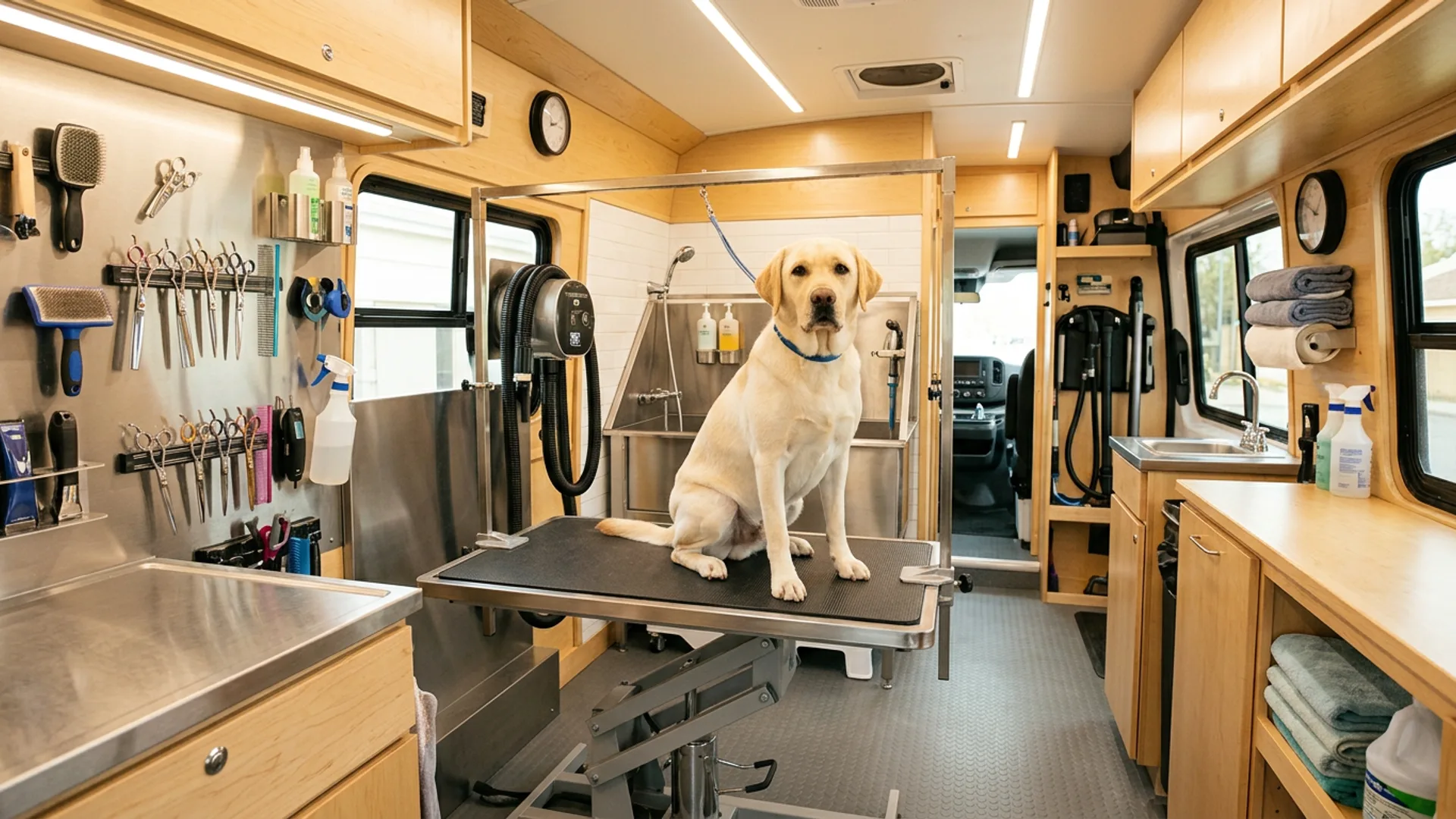 Calm dog relaxing in the grooming van