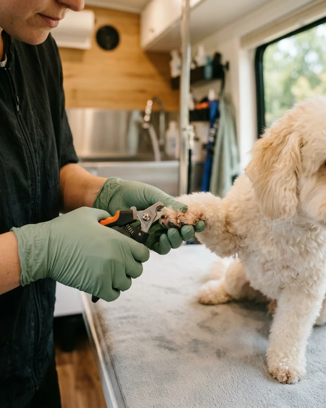 Groomer carefully trimming a dog's nails